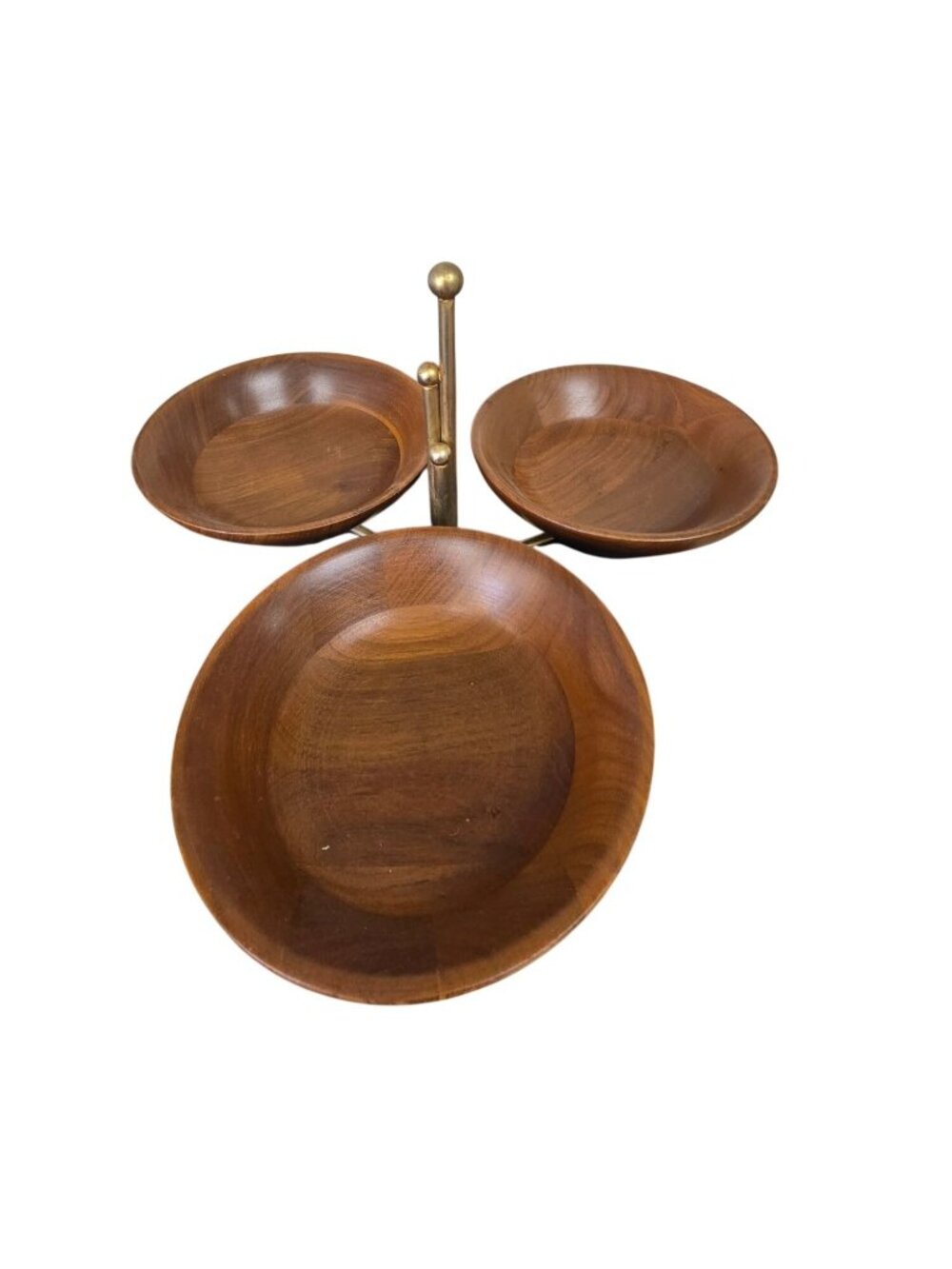 Mid-Century Modern Wood & Brass 3 Serving Snack Dish Nut Bowl - Picture 3 of 10
